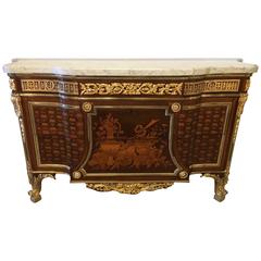 Antique 19th Century French Ormolu Mahogany Mable Top Commode After Jean Henri Riesener