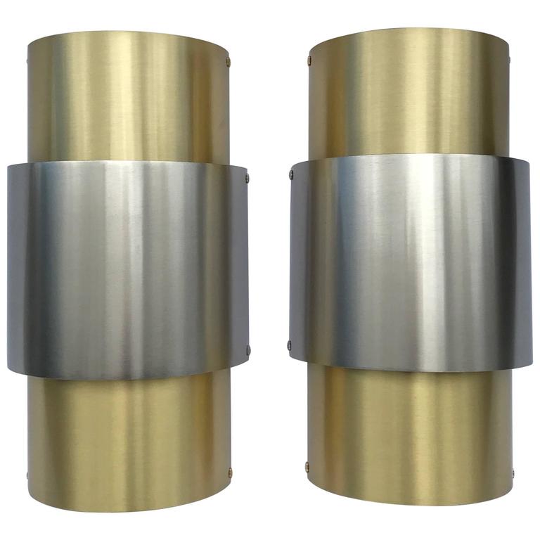 Pair of 1970s Barrel Brushed Nickel and Brass Wall Lights For Sale at 1stdibs