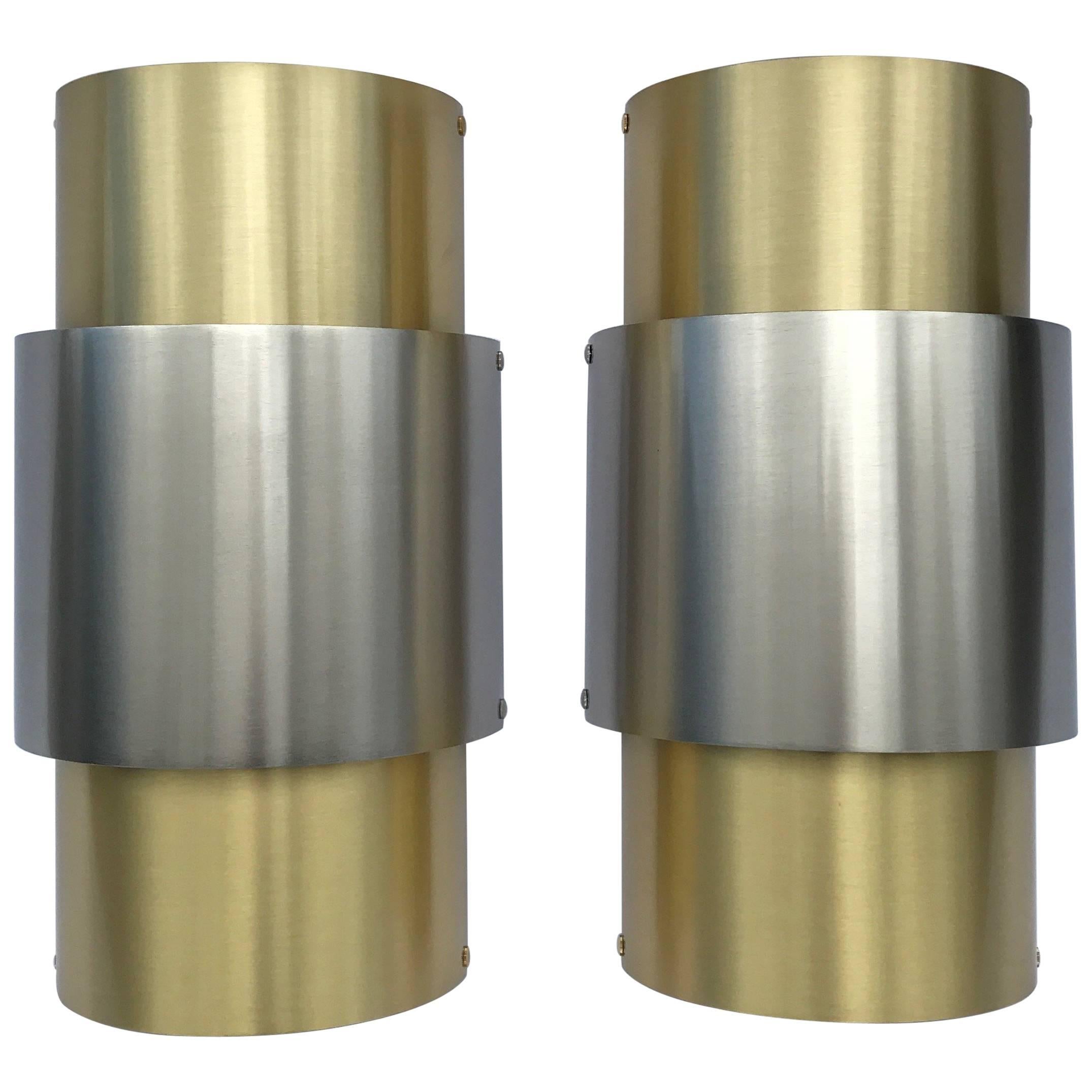 Pair of 'Barrel' Brushed Nickel and Brass Italian Wall Lights