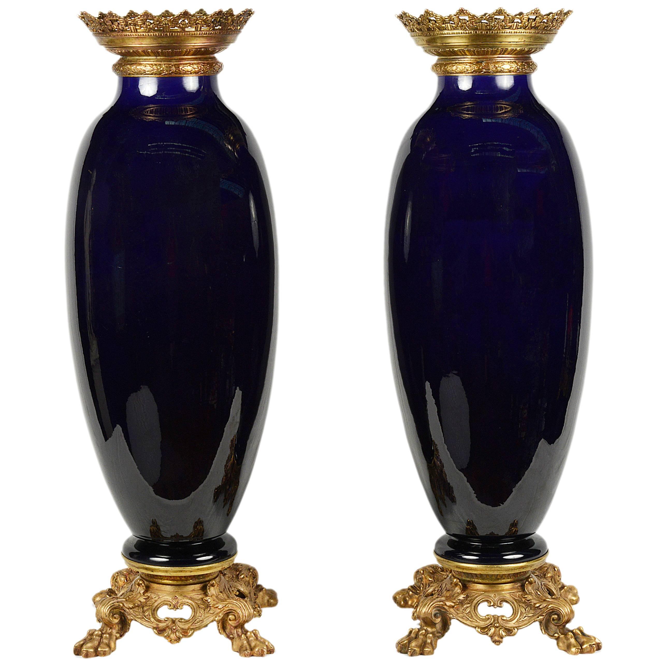 Pair of Sevres Style Blue Porcelain Vases