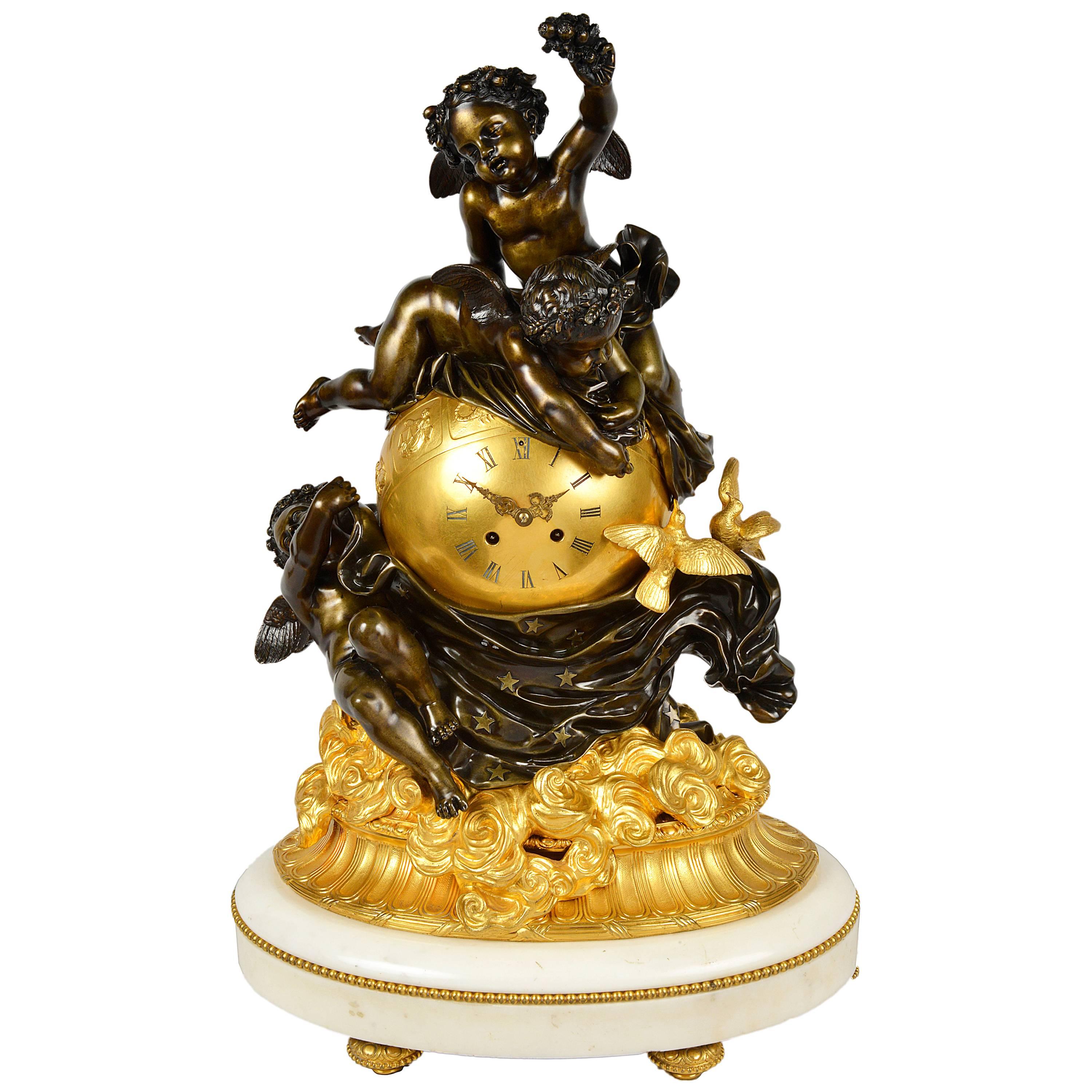 Large Louis XVI Style Gilded Ormolu Orb Mantel Clock