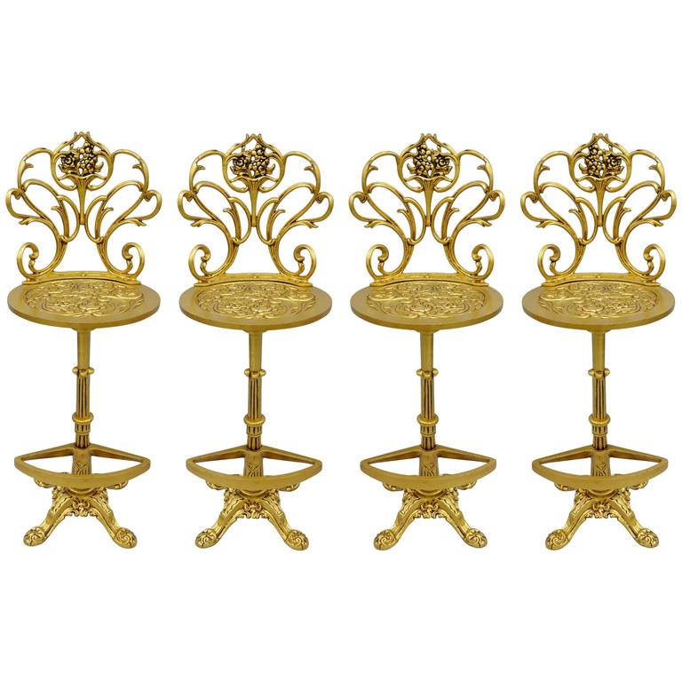 Four Gold Hollywood Regency Art Nouveau Style Cast Aluminum Fl Four Gold Hollywood Regency Art Nouveau Style Cast Aluminum Fl Bar Stools For