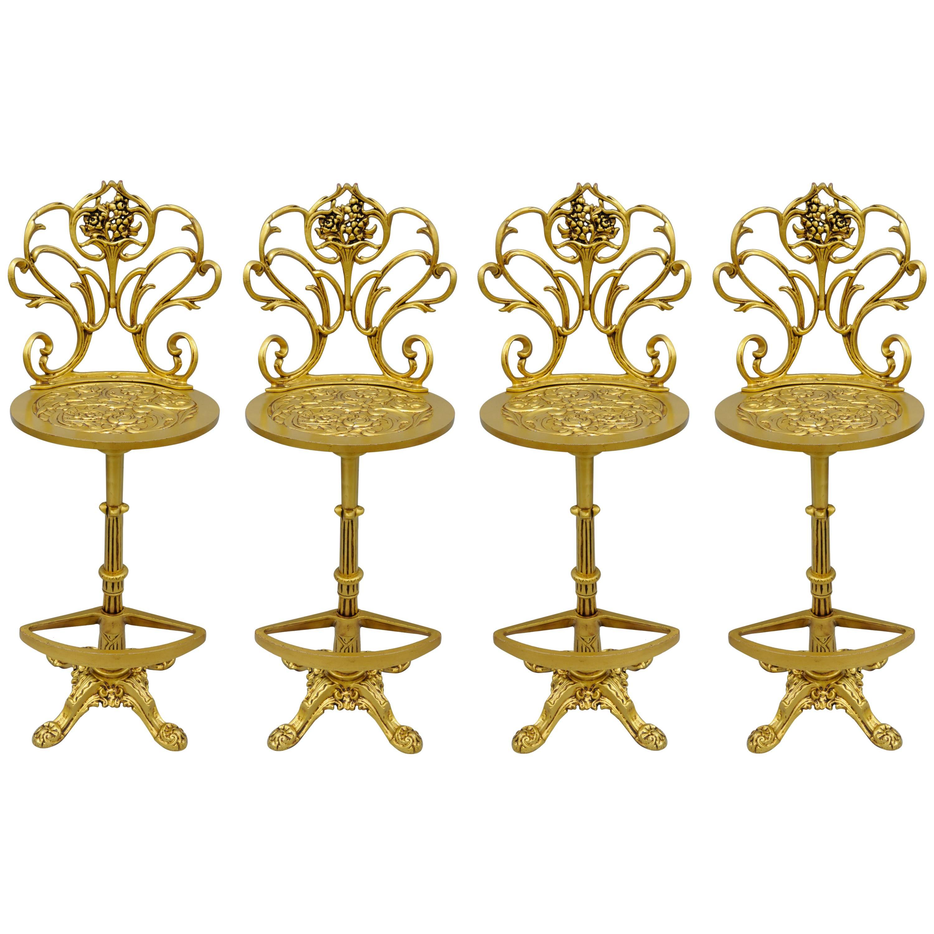 Set 4 Gold Hollywood Regency Art Nouveau Cast Aluminum Floral Swivel Bar Stools