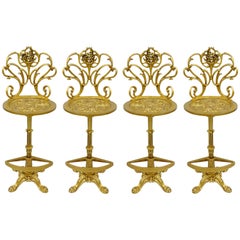 Set 4 Gold Hollywood Regency Art Nouveau Cast Aluminum Floral Swivel Bar Stools