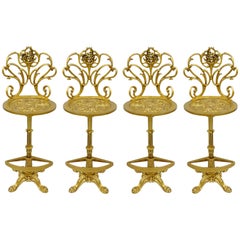 Set 4 Gold Hollywood Regency Art Nouveau Cast Aluminum Floral Swivel Bar Stools