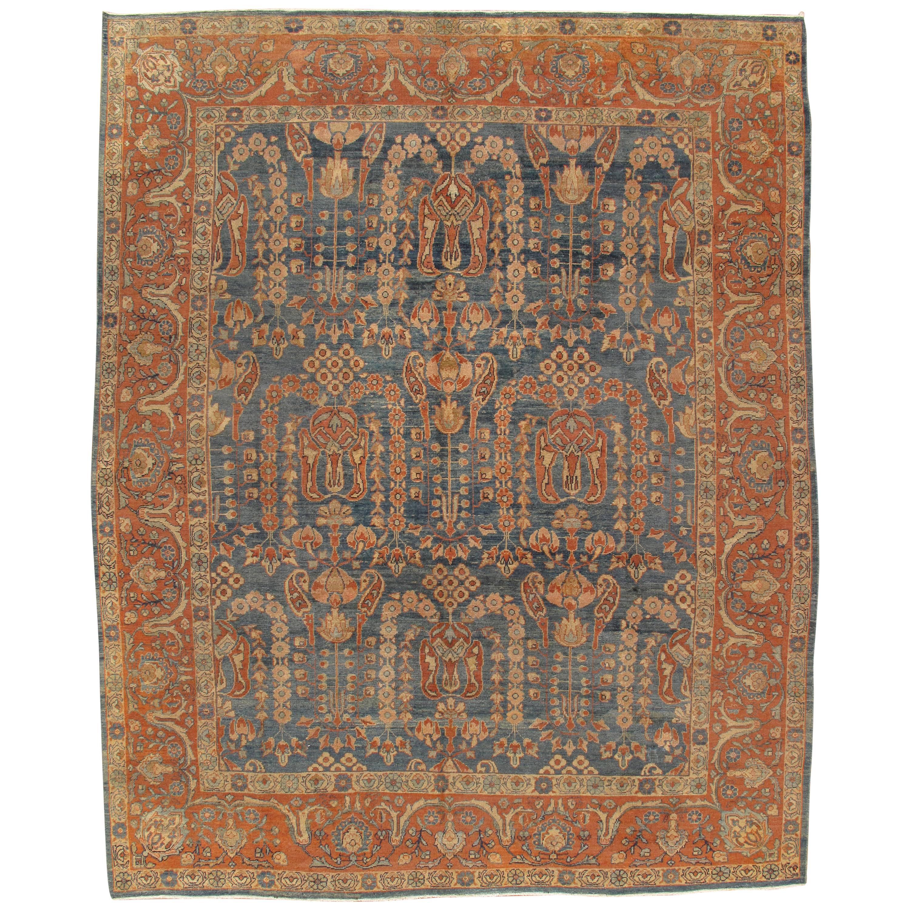 Antique Sultanabad Carpet, Oriental Rug, Handmade Persian Orange Soft Light Blue