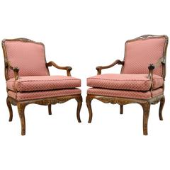 Pair of Country French Louis XV Style Carved Bergere Armchairs by Century 2