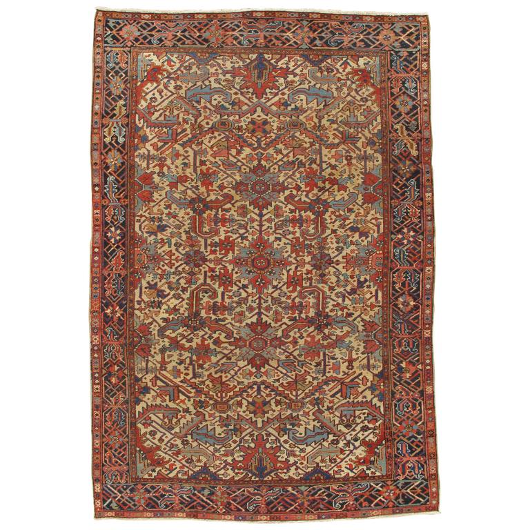 Antique Heriz Northwest Persian Runner, Handmade Rug, Navy Light Blue