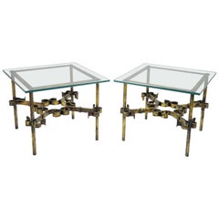 Vintage Pair Hollywood Regency Gold Gilt Iron Square Glass Top Brutalist Low End Tables