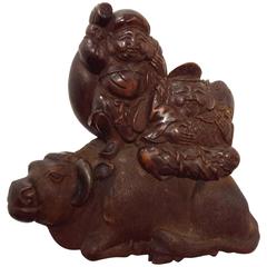 Signed Harumitsu Meiji Carved Boxwood Okimono, 19th Century