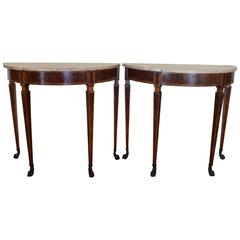 Pair of Italian Neoclassical Marble Top Consoles, Marquetry Walnut Veneer
