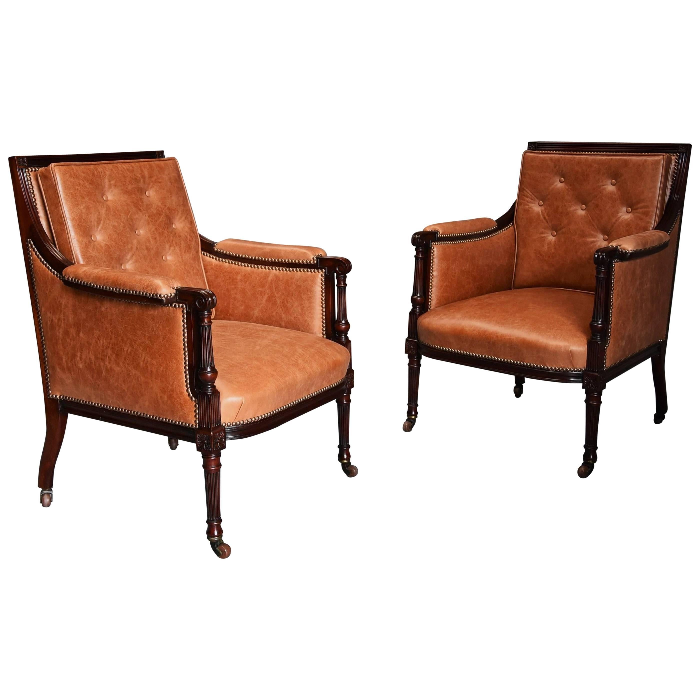 Superb Pair of Late 19th Century ‘His & Hers’ Mahogany Bergere Library Chairs
