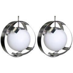Pair of Mid-Century Brushed Aluminum and Glass Pendants Attributed to Sonneman