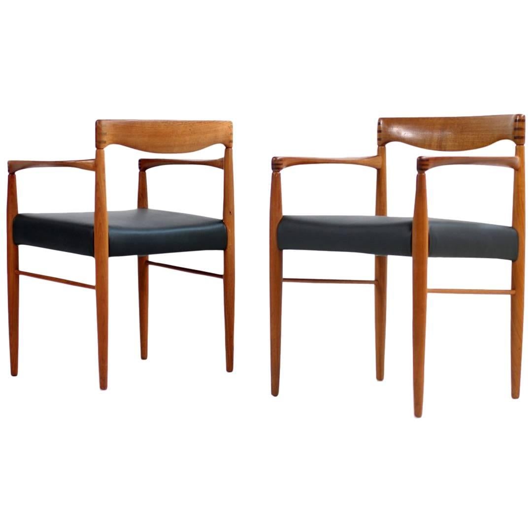 Pair of 1960s H.W. Klein for Bramin Teak and Leather Armchairs Danish Modern