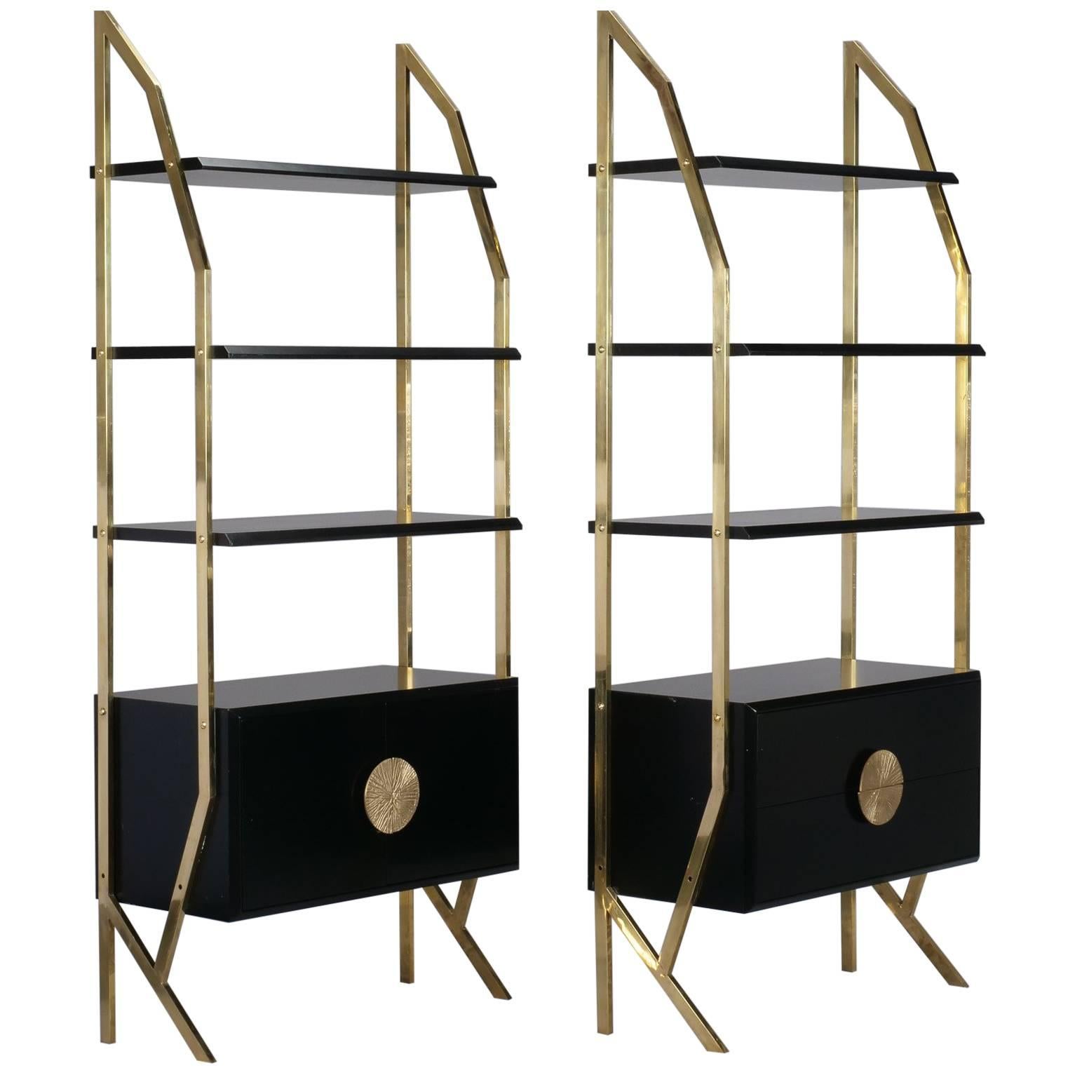 Pair of Mid-Century High Style Italian Brass and Wood Etageres