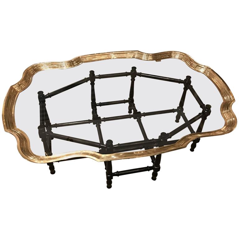 MidCentury Brass and Glass Coffee Table with Faux Bamboo Base at