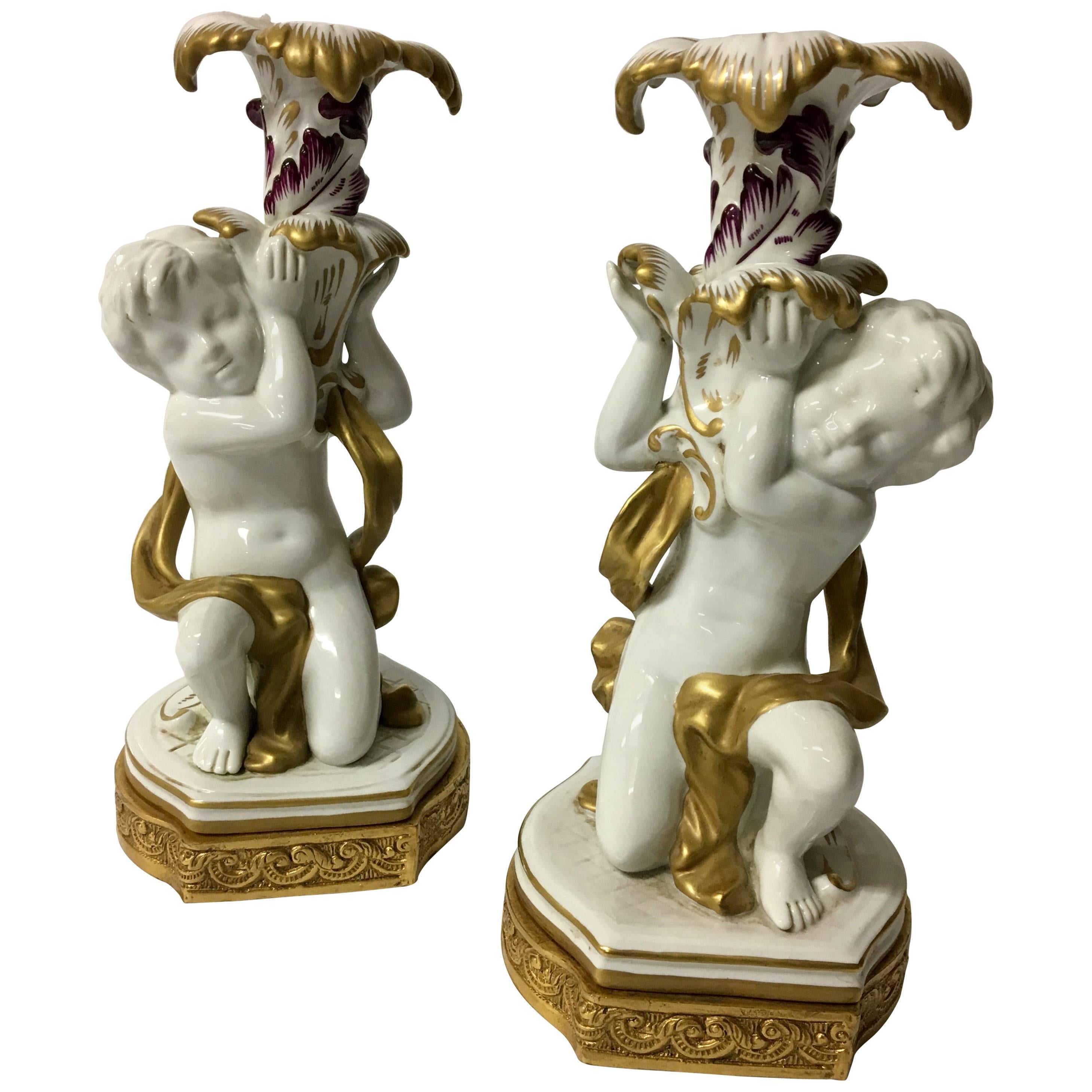 Pair of Italian Cherub Porcelain Candle Holders by Capo Di Monte