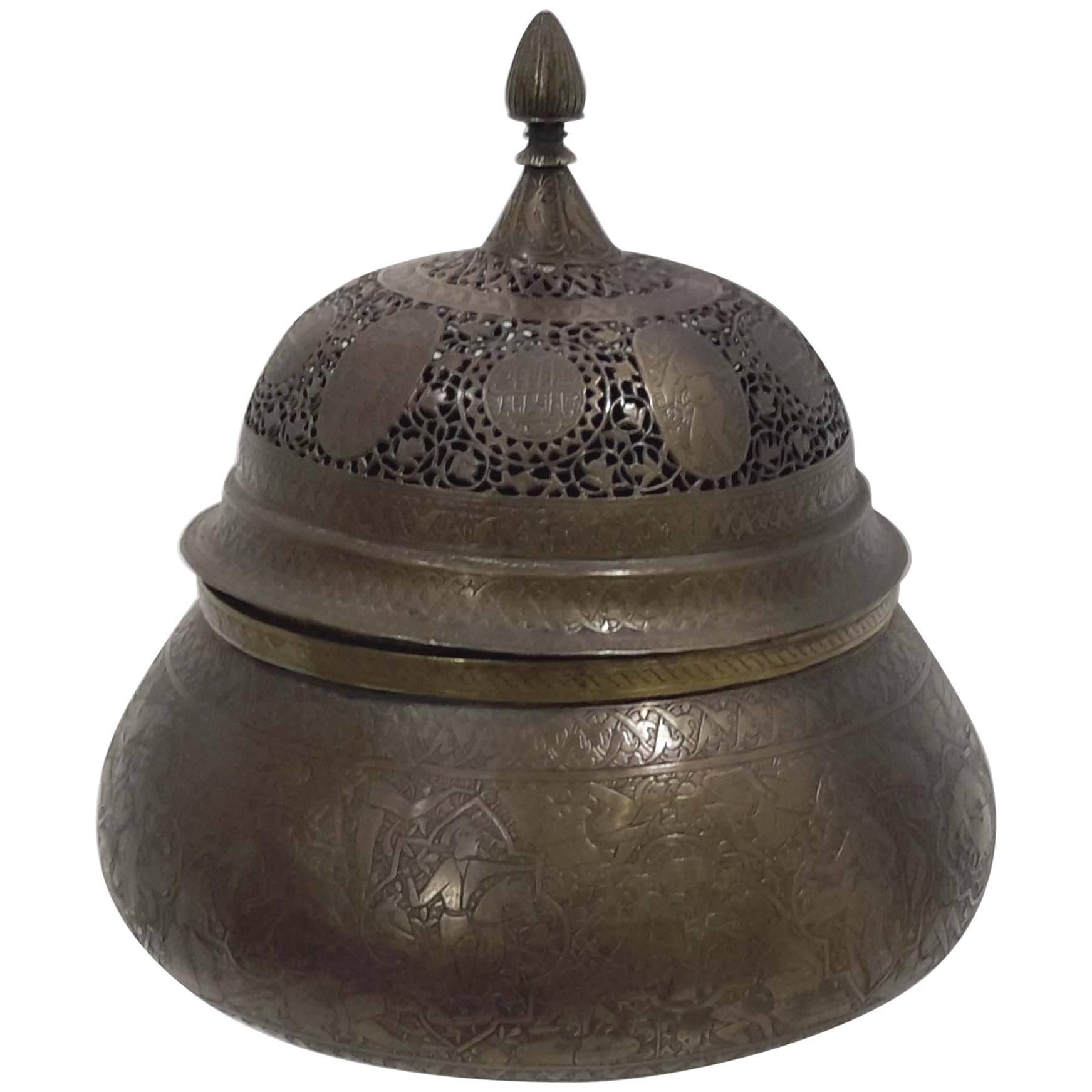 Qajar Openwork Brass Incense Burner & Cover, 19th Century For Sale