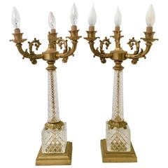 Pair of French Cut Crystal and Doré Bronze Three-Light Candelabra Lamps