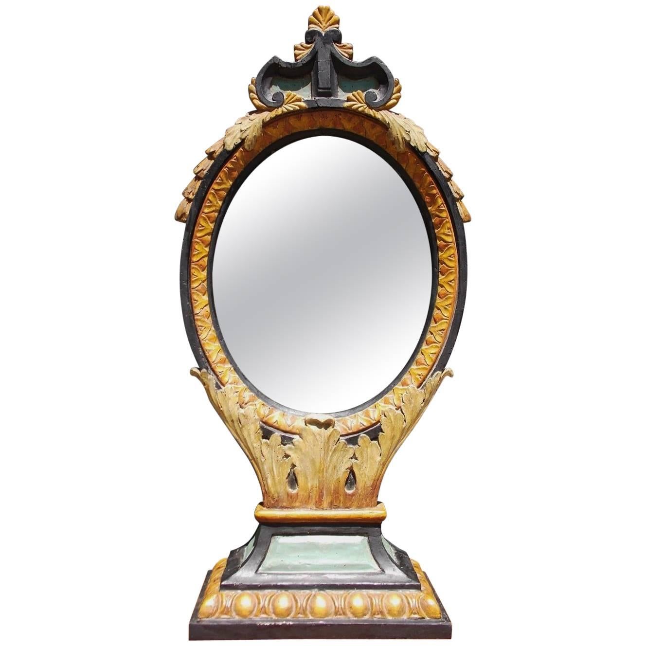 Italian Gilt Wood and Painted Floral Oval Dressing - Shaving Mirror, Circa 1820