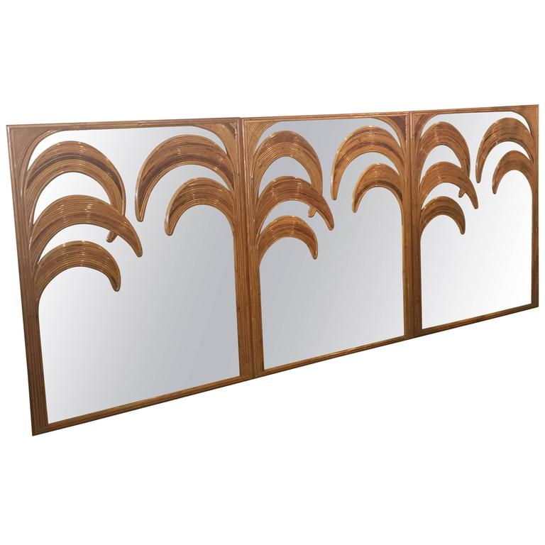 Split Reed Bamboo Wall Mirrors, Set of Three Tropical Leaf Palm Tree