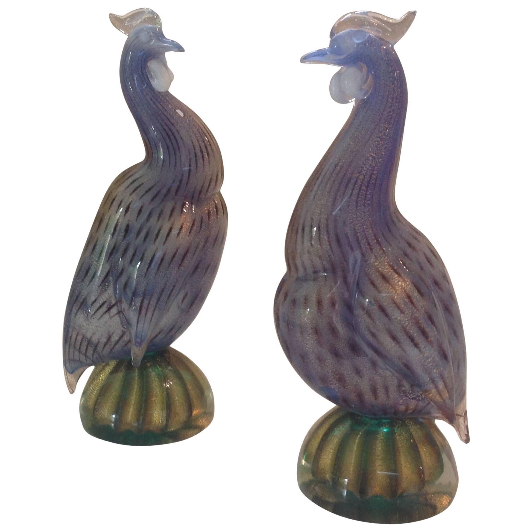 Rare Pair of Murano Guinea Hens by Archimede Seguso, circa 1950s