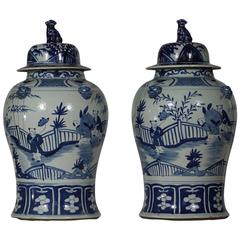 Blue and White Foo Dog Ginger Jars, Pair