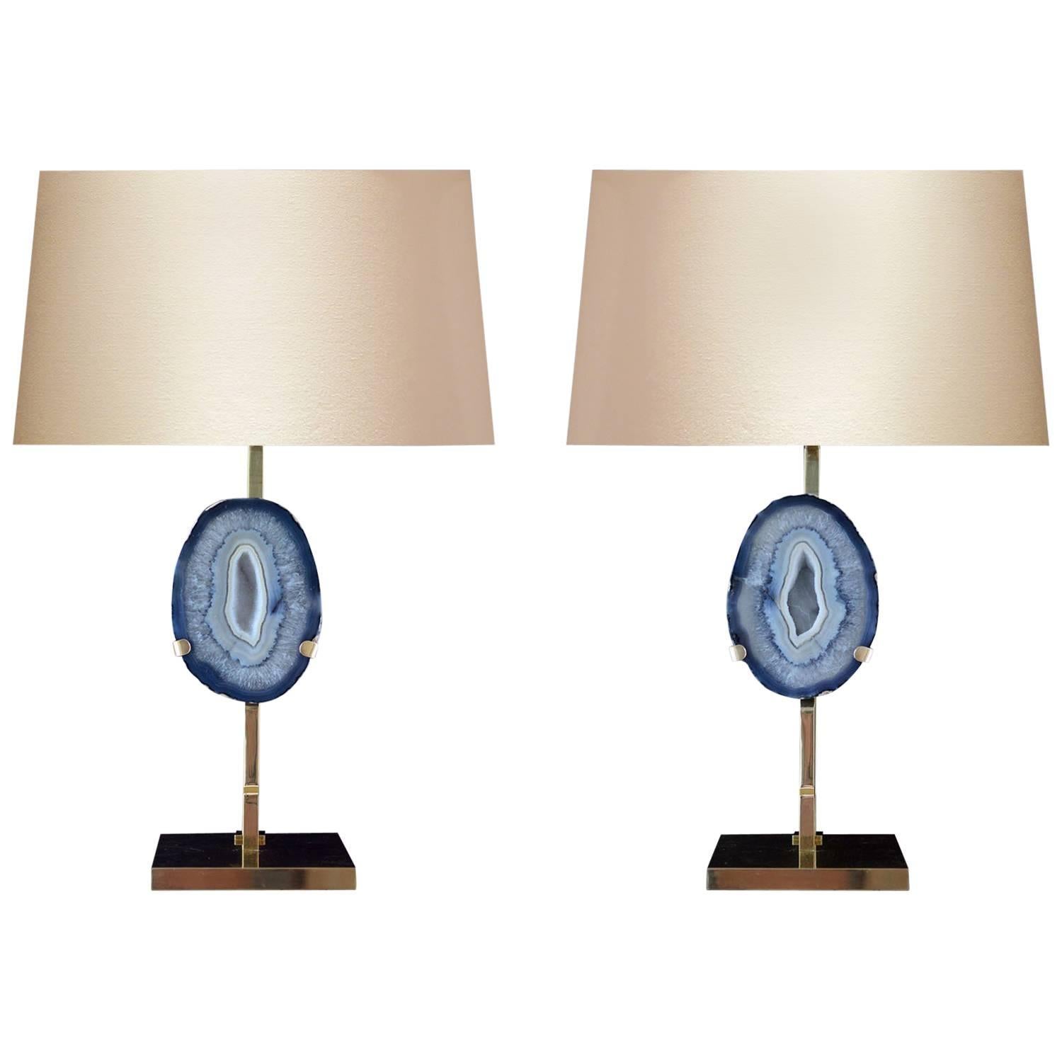 Pair of Rare Aqua Agate Lamps For Sale