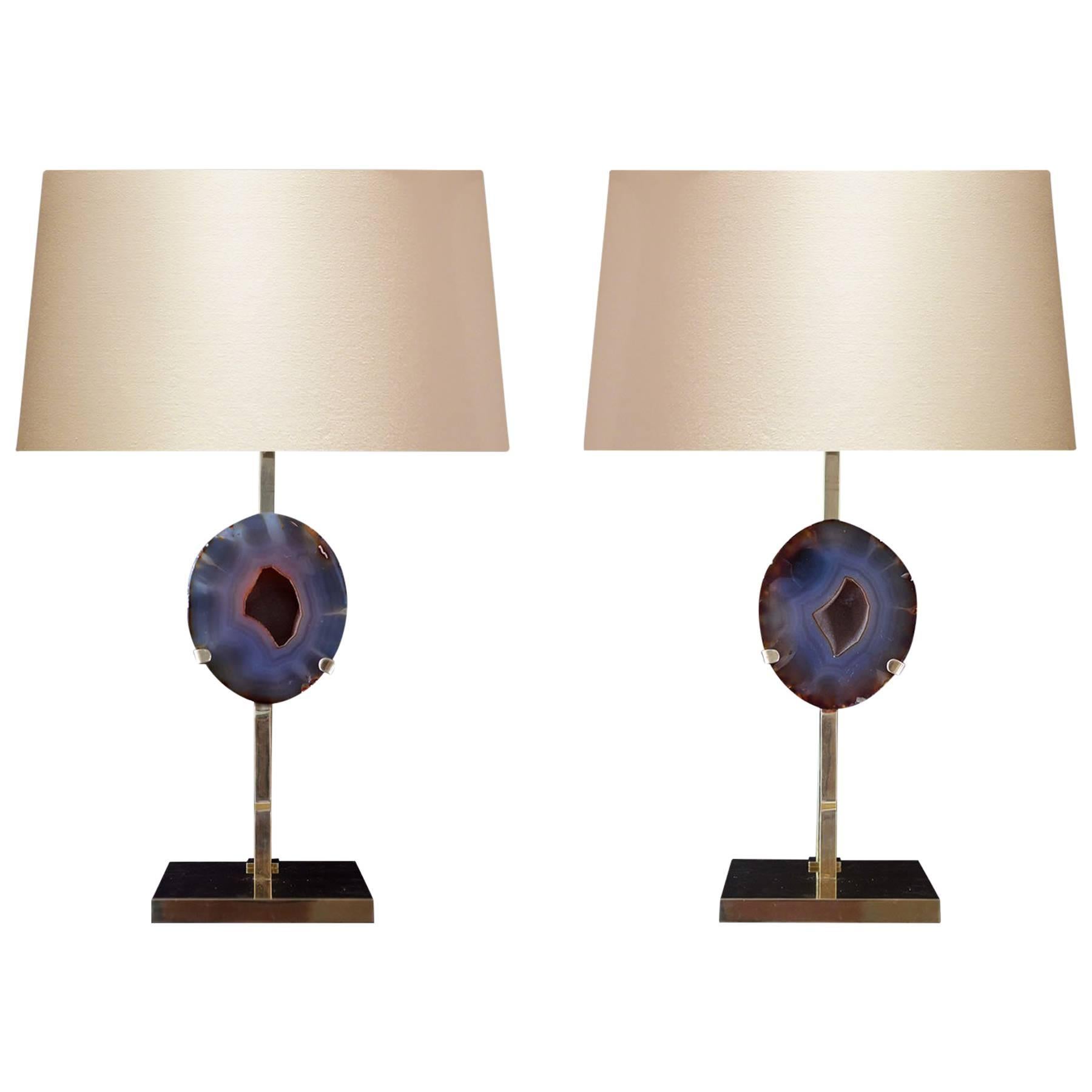 Pair of Natural Rare Agate Lamps For Sale