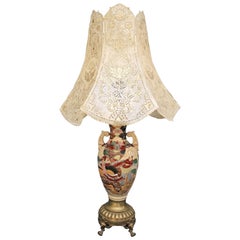 Japanese Porcelain and Bronze Table Lamp with Ornate Vellum Leather Shade