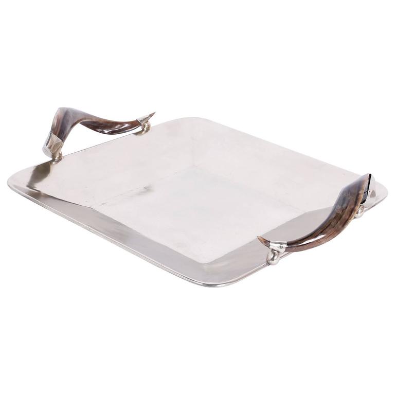Mid Century Silver Plated Serving Tray With Steer Horn Handles For Mid Century Silver Plated Serving Tray With Steer Horn Handles For