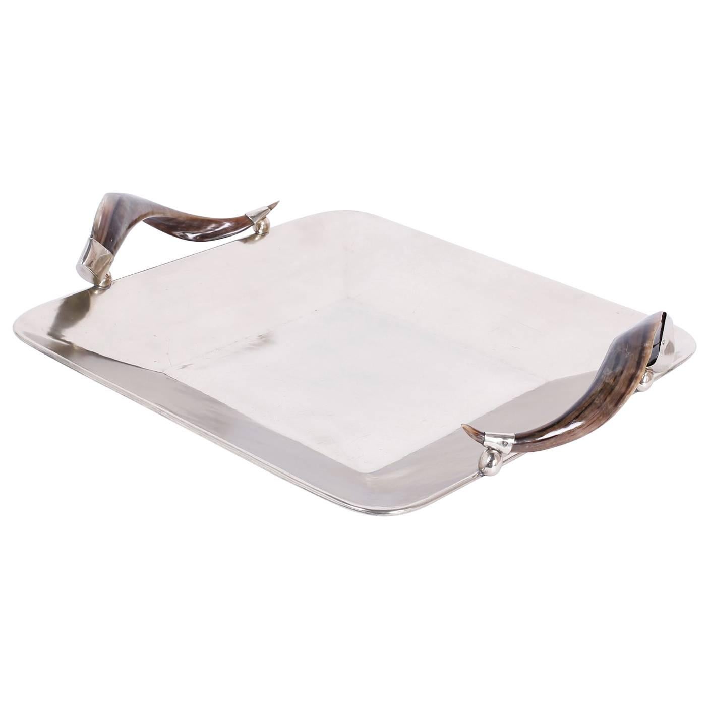 Mid-Century Silver Plated Serving Tray with Steer Horn Handles