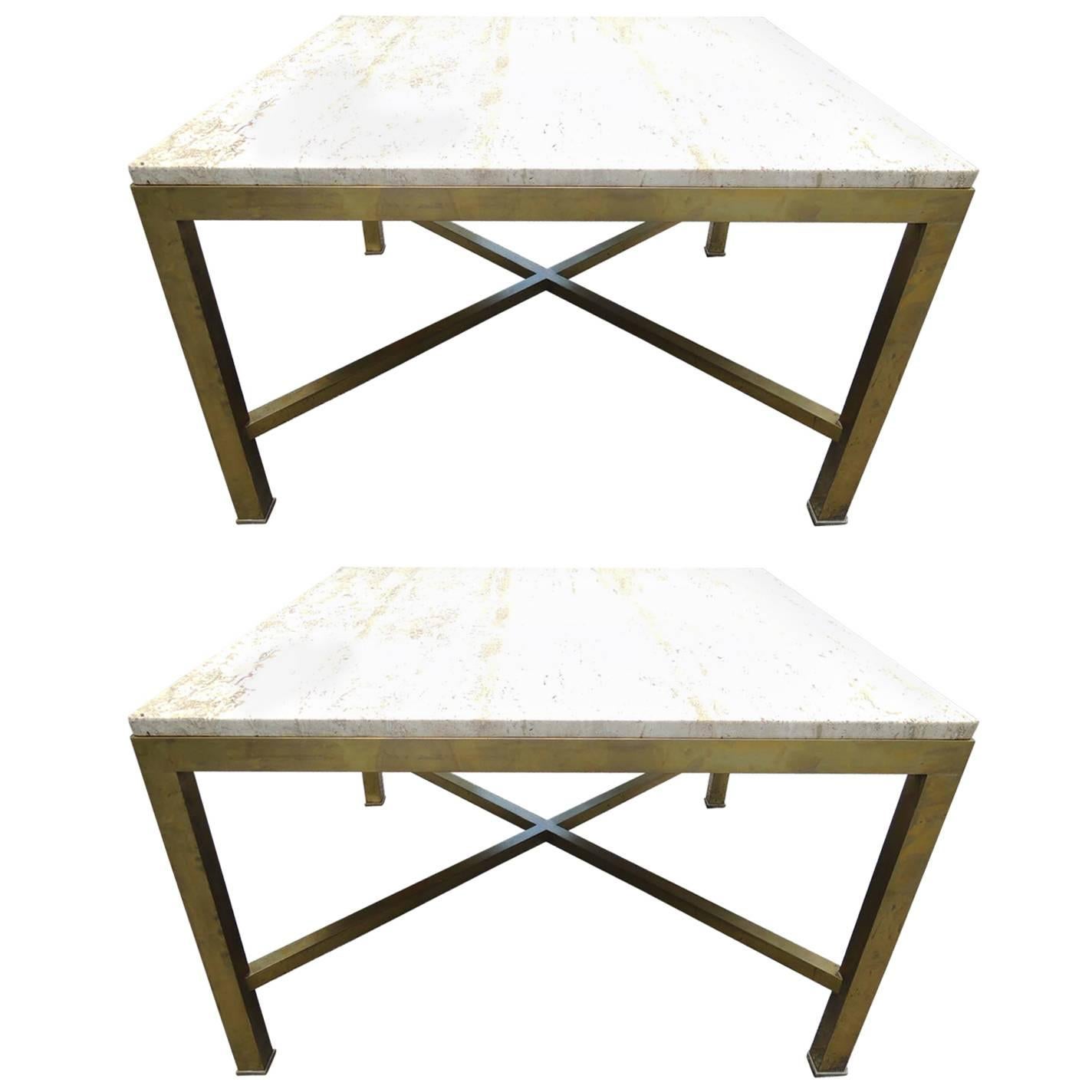 Pair of Travertine and Brass Side Tables