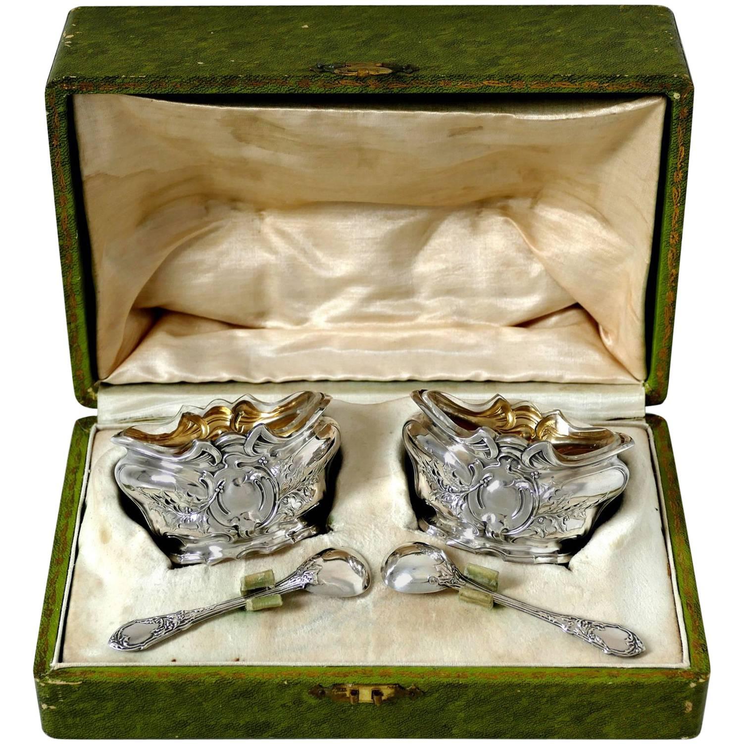 1880s French Sterling Silver 18-Karat Gold Salt Cellars Pair, Spoons, Box, Holy