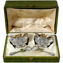 Antique 1880s French Sterling Silver 18-Karat Gold Salt Cellars Pair, Spoons, Box, Holy
