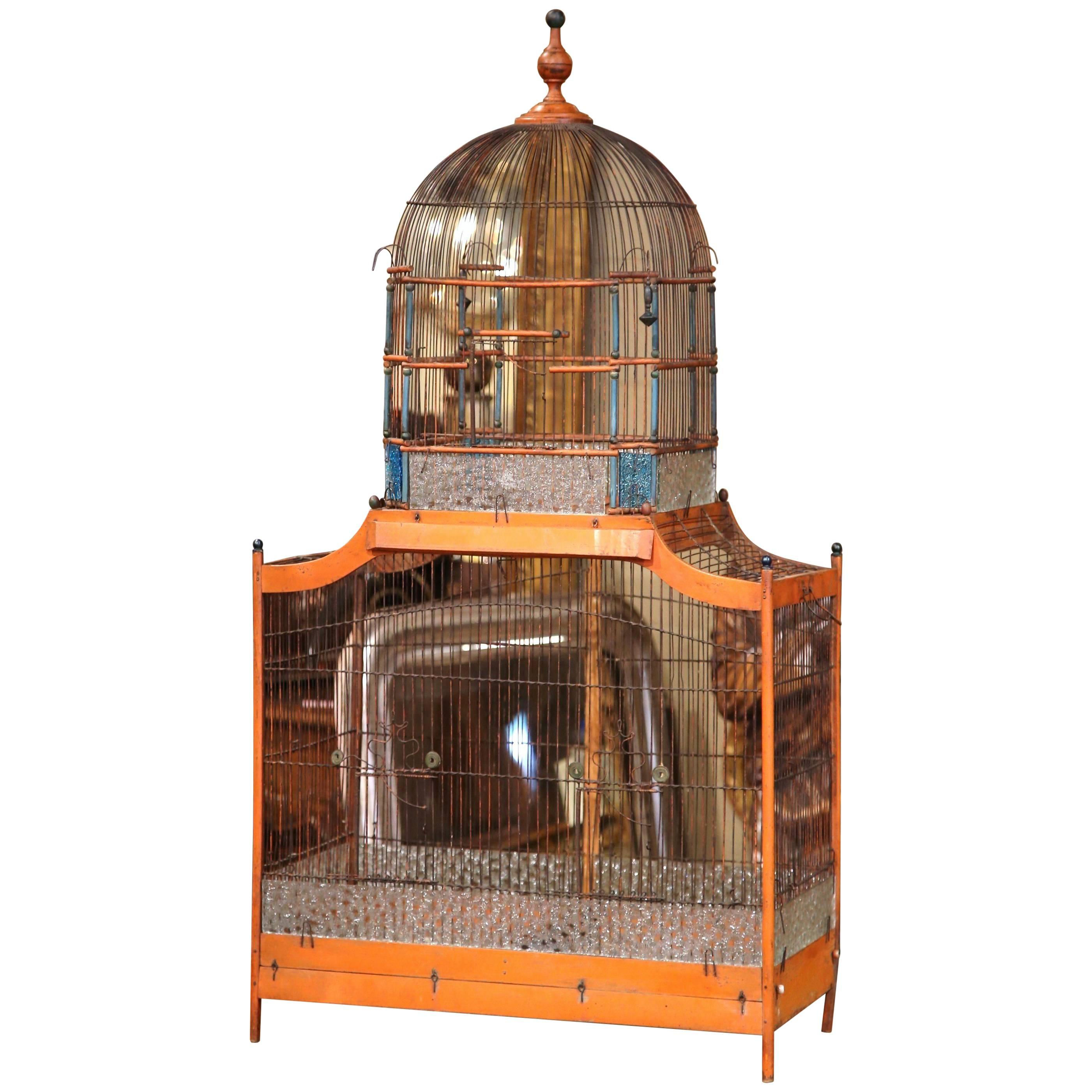 Large 19th Century French Hand-Painted Carved and Wired Birdcage with Dome Top