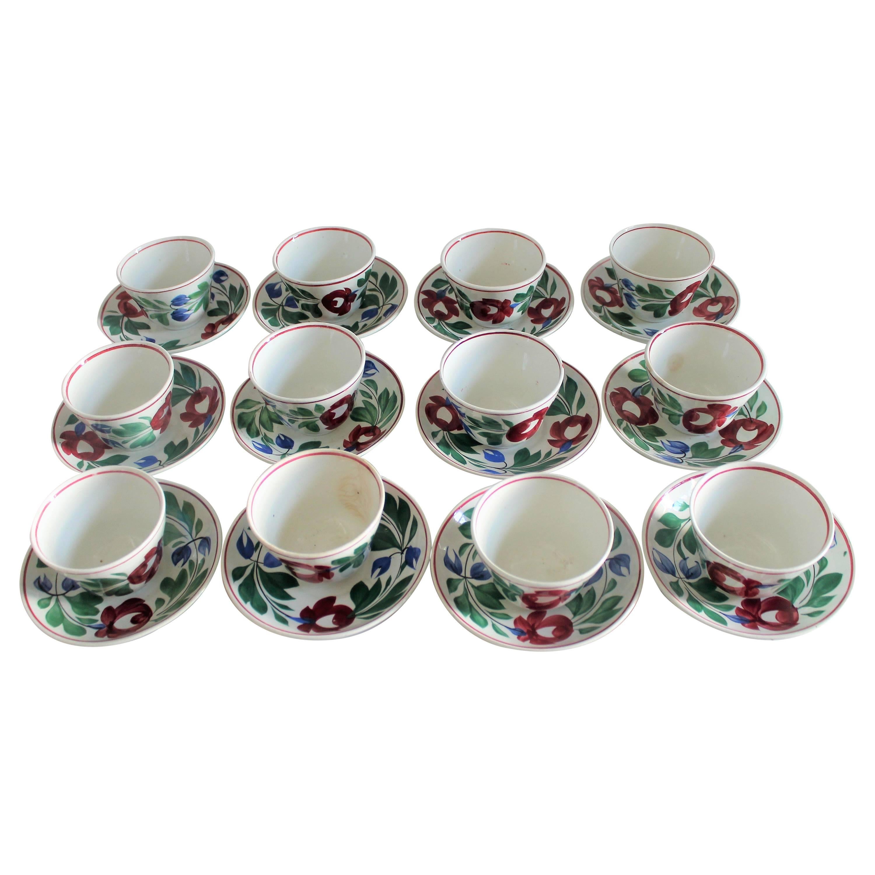Set of Twelve 19th Century Adams Rose Pattern Cups and Saucers