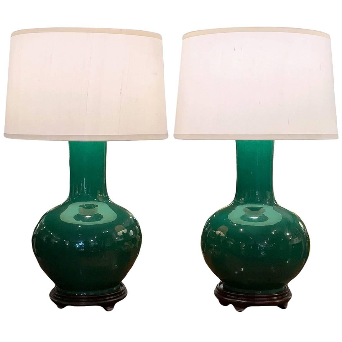 Pair of Chinese Green Tianqiuping Vases, Wired as Lamps