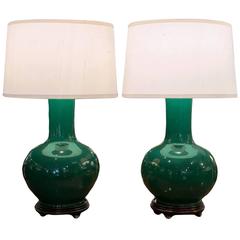 Antique Pair of Chinese Green Tianqiuping Vases, Wired as Lamps