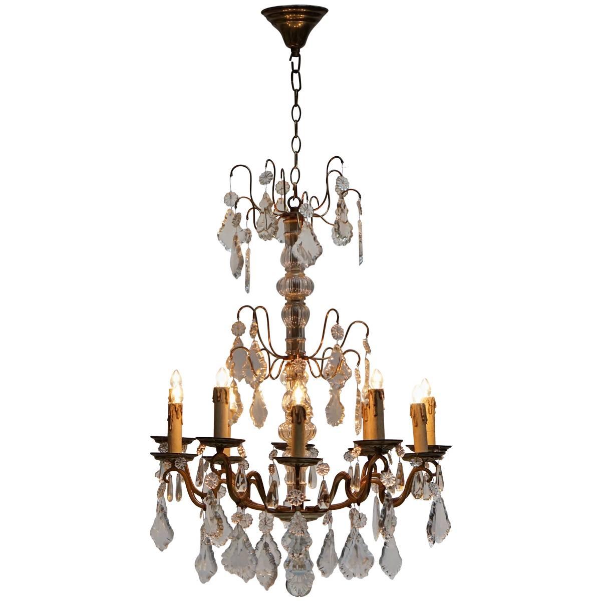 Brass and Cristal Glass Chandelier For Sale