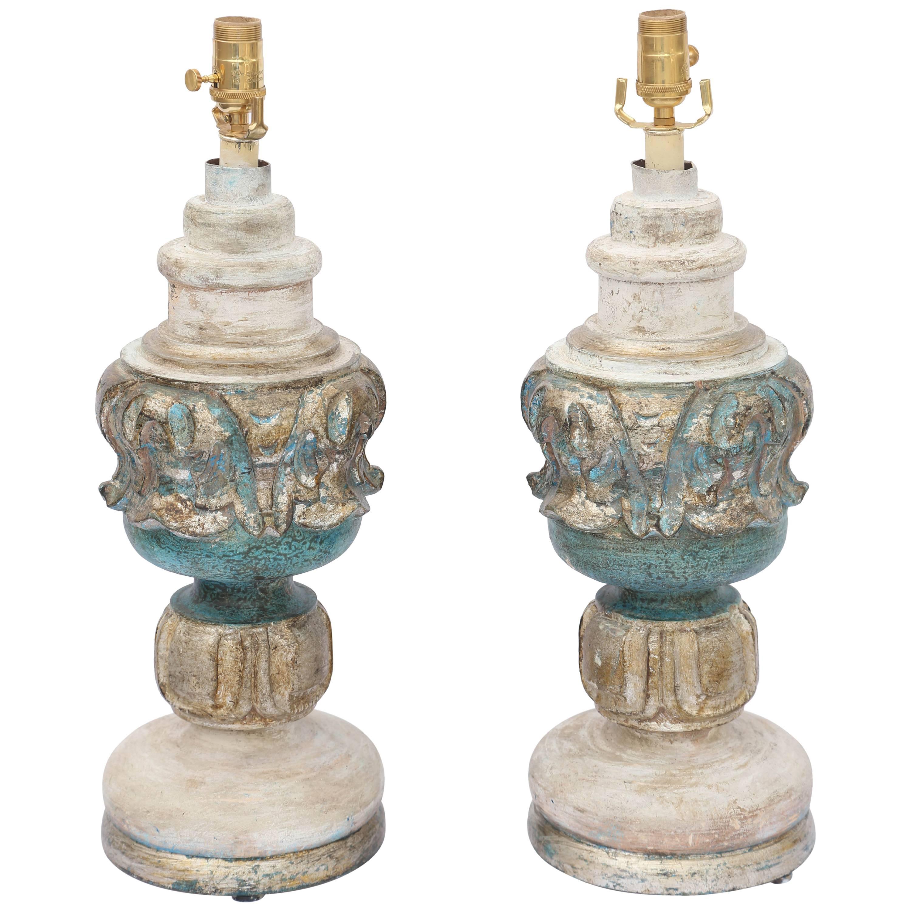 Pair of Painted and Parcel Silver Gilt Carved Wood Finial Lamps