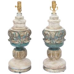 Pair of Painted and Parcel Silver Gilt Carved Wood Finial Lamps 10