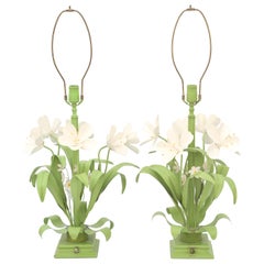 Pair of Vintage, Painted Tole, Floral Bouquet Lamps