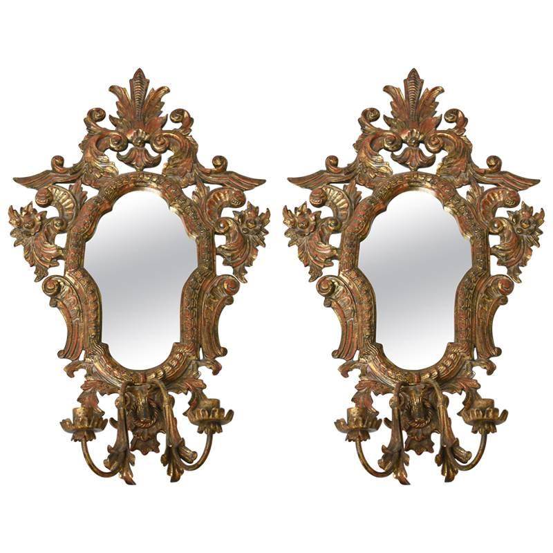 Pair of Large-Scale Hand-Carved Wall Sconce Candleholders with Beveled Mirror