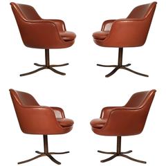 Retro Set of Four Leather Nicos Zographos Dining Chairs with Oil Rubbed Bronze Bases