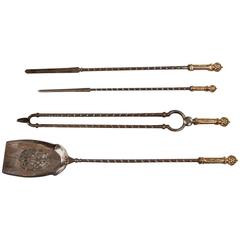 Four-Piece Set of English Victorian Brass and Steel Fire Tools