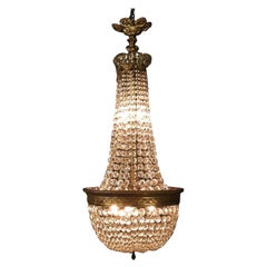 Antique Crystal Chandelier Ceiling Brass Lustre Lights, 1900s