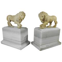 Vintage Pair of Italian Carved Alabaster Medici Lions