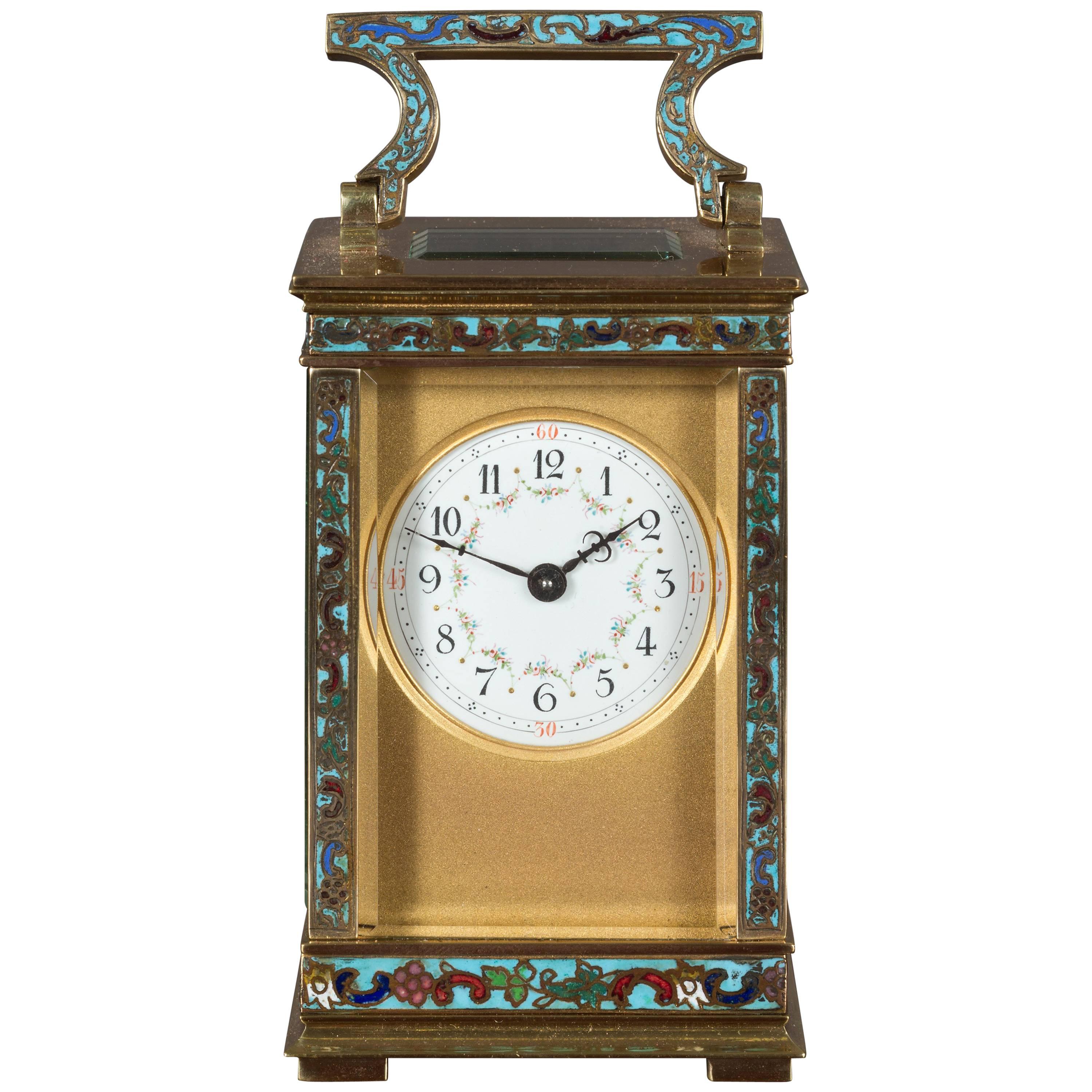 French Carriage Clock with Champleve Decoration For Sale