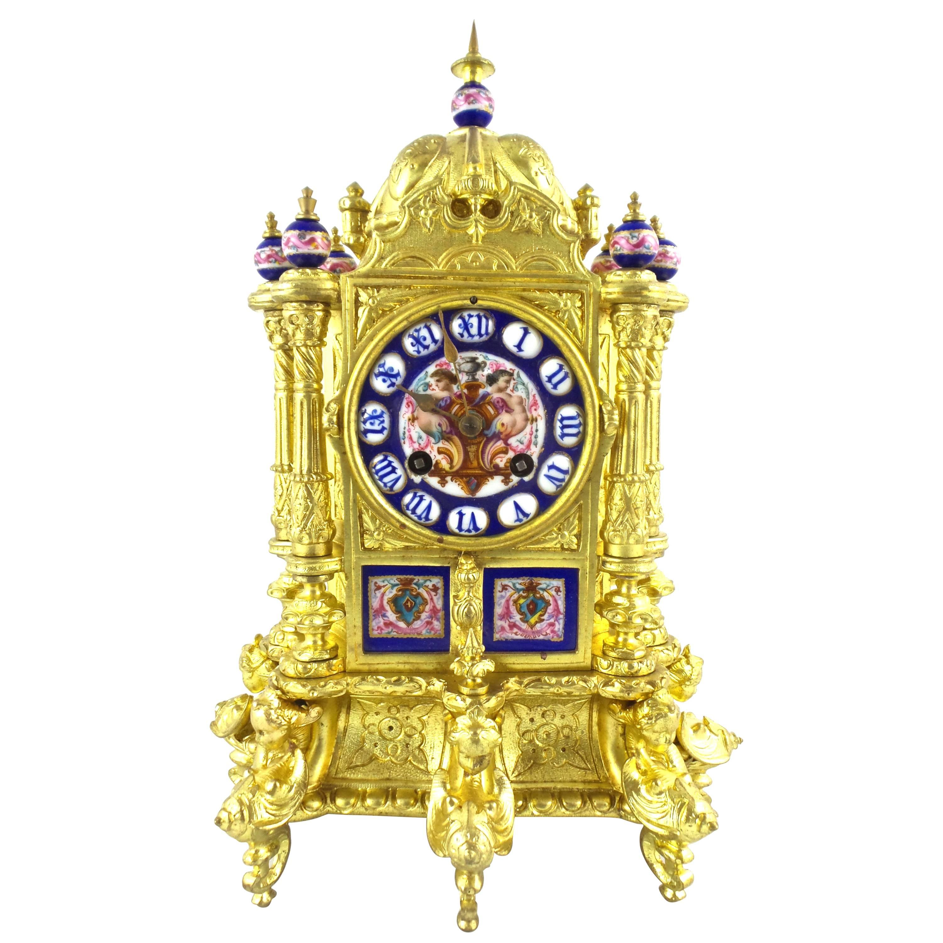 19th Century French Gilt Ormolu Bronze and Sevres Porcelain Mantle Clock For Sale